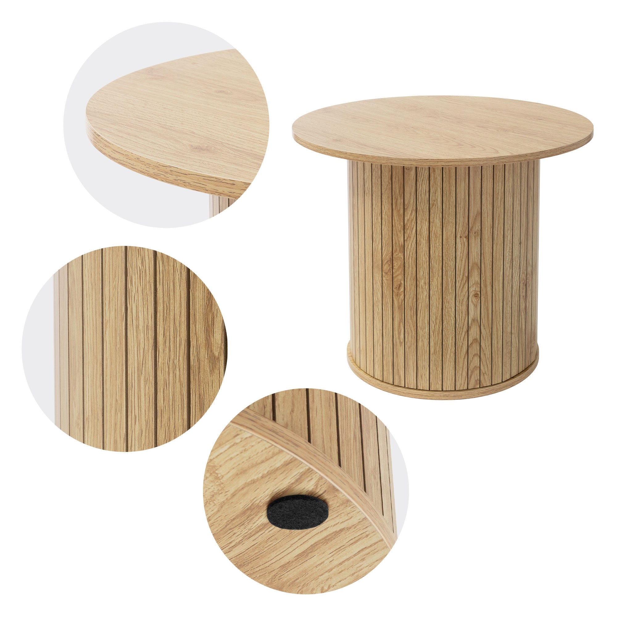 Runder Tisch aus Holz mit vertikalen Streifen und Loch in der Tischplatte.