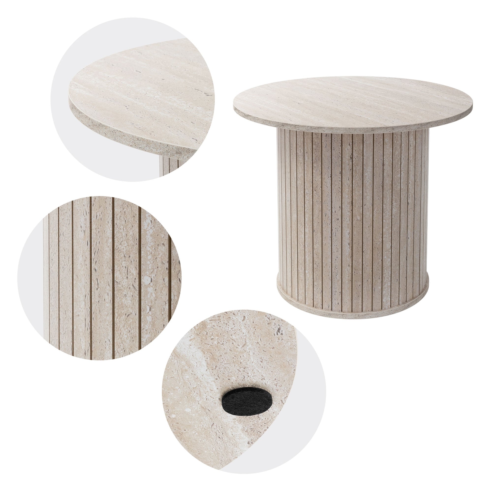 Round table made of light material with vertical stripes and a hole in the tabletop.