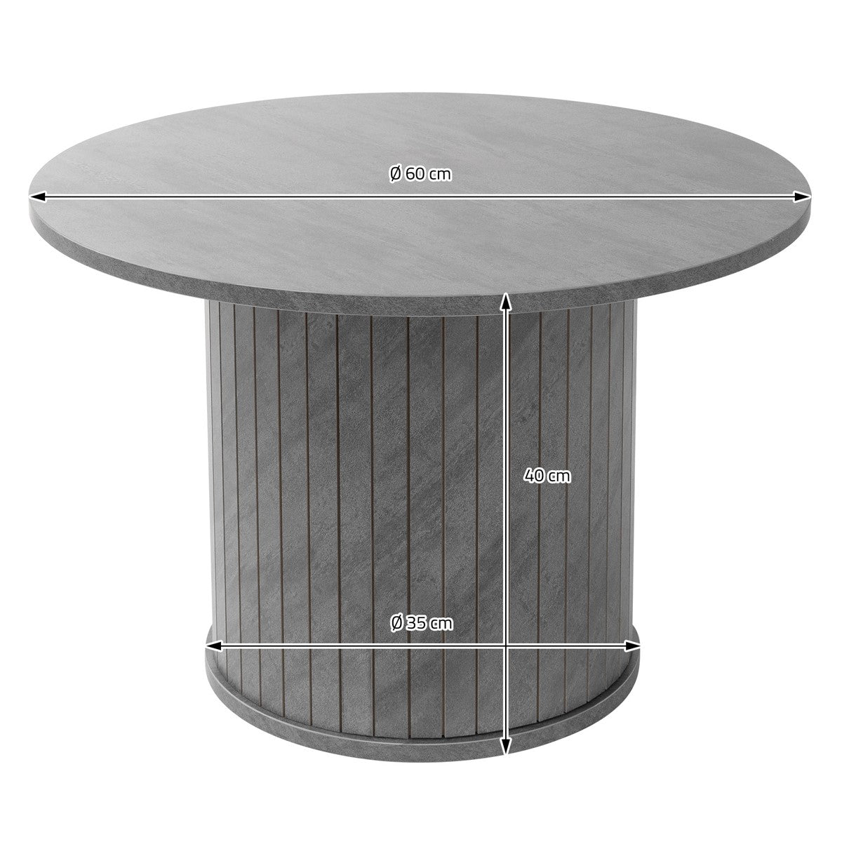 Rundt bord med grå overflade og lodrette striber, diameter 60 cm, højde 40 cm.
