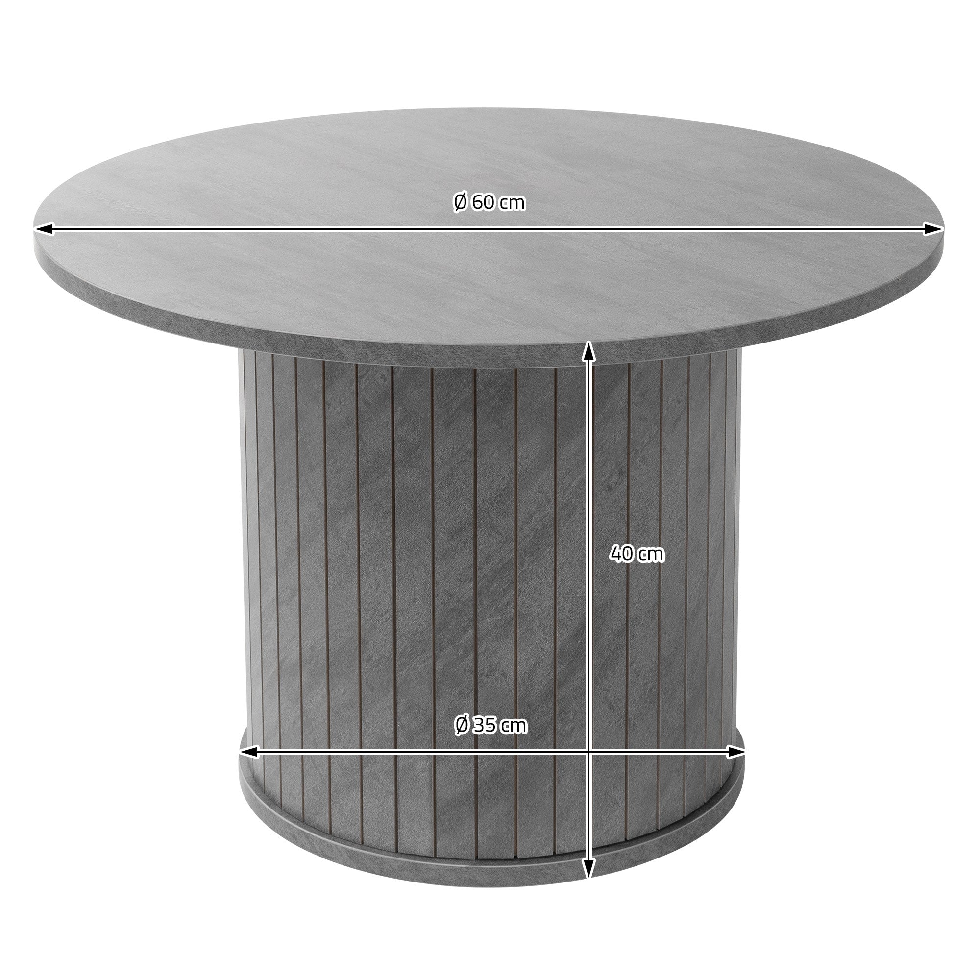 Rundt bord med grå overflade og vertikale striber, diameter 60 cm, højde 40 cm.