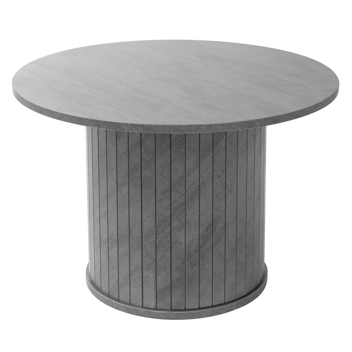Round table made of gray material with vertical stripes.
