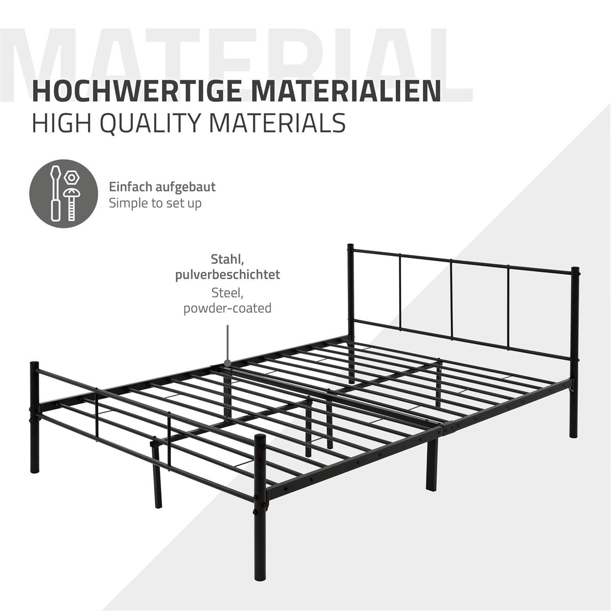 Bettgestell aus pulverbeschichtetem Stahl, einfach aufzubauen.
