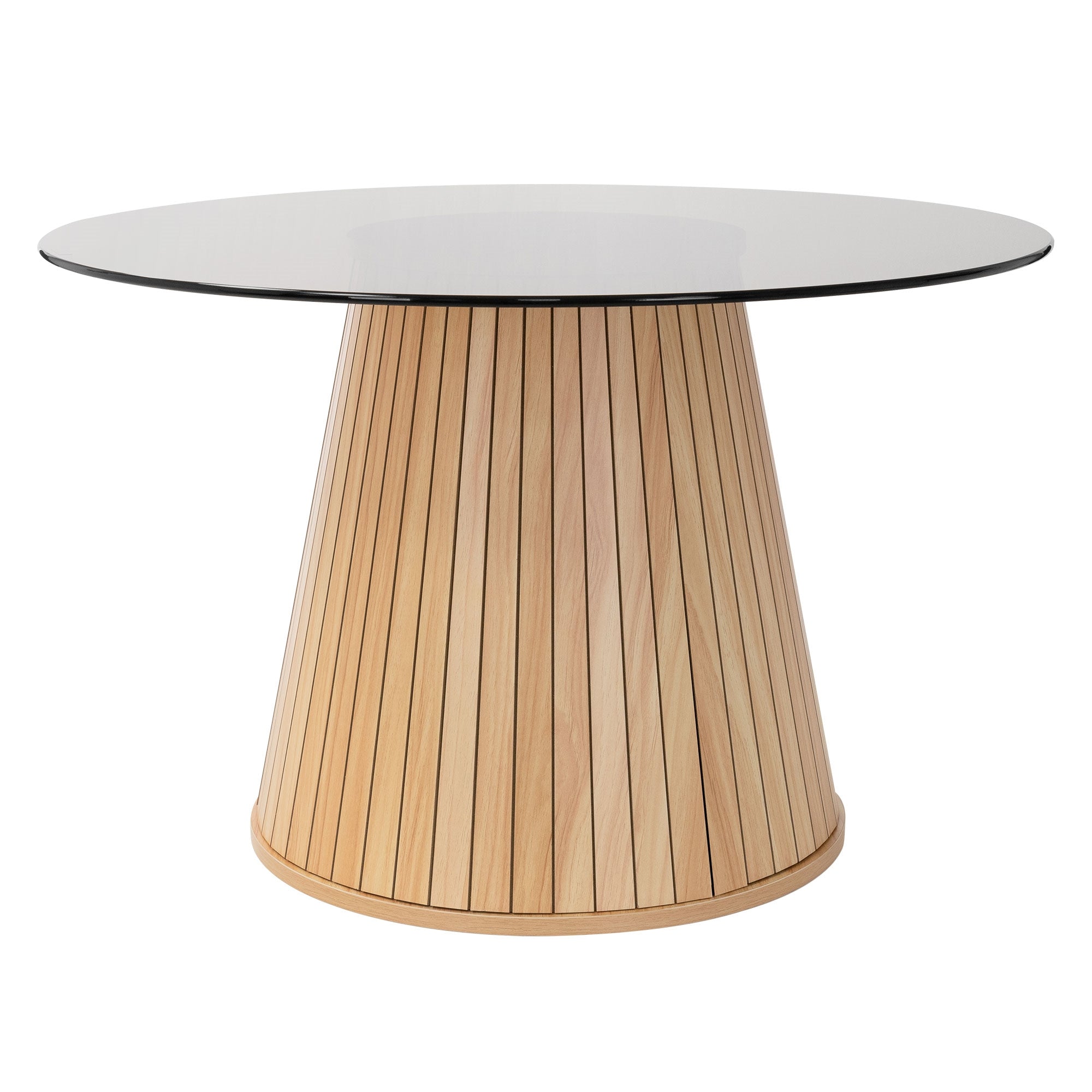 Ein runder Tisch mit einer gläsernen Oberfläche und einer gestreiften Holzsäule.