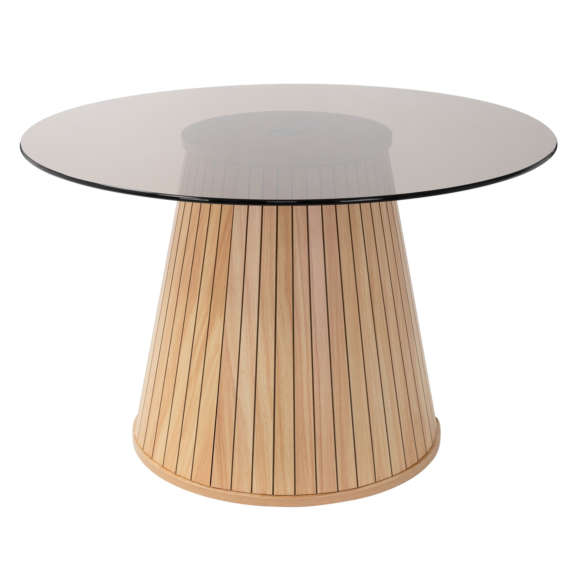 Runder Tisch mit transparentem Glas und holzverkleidetem Fuß.