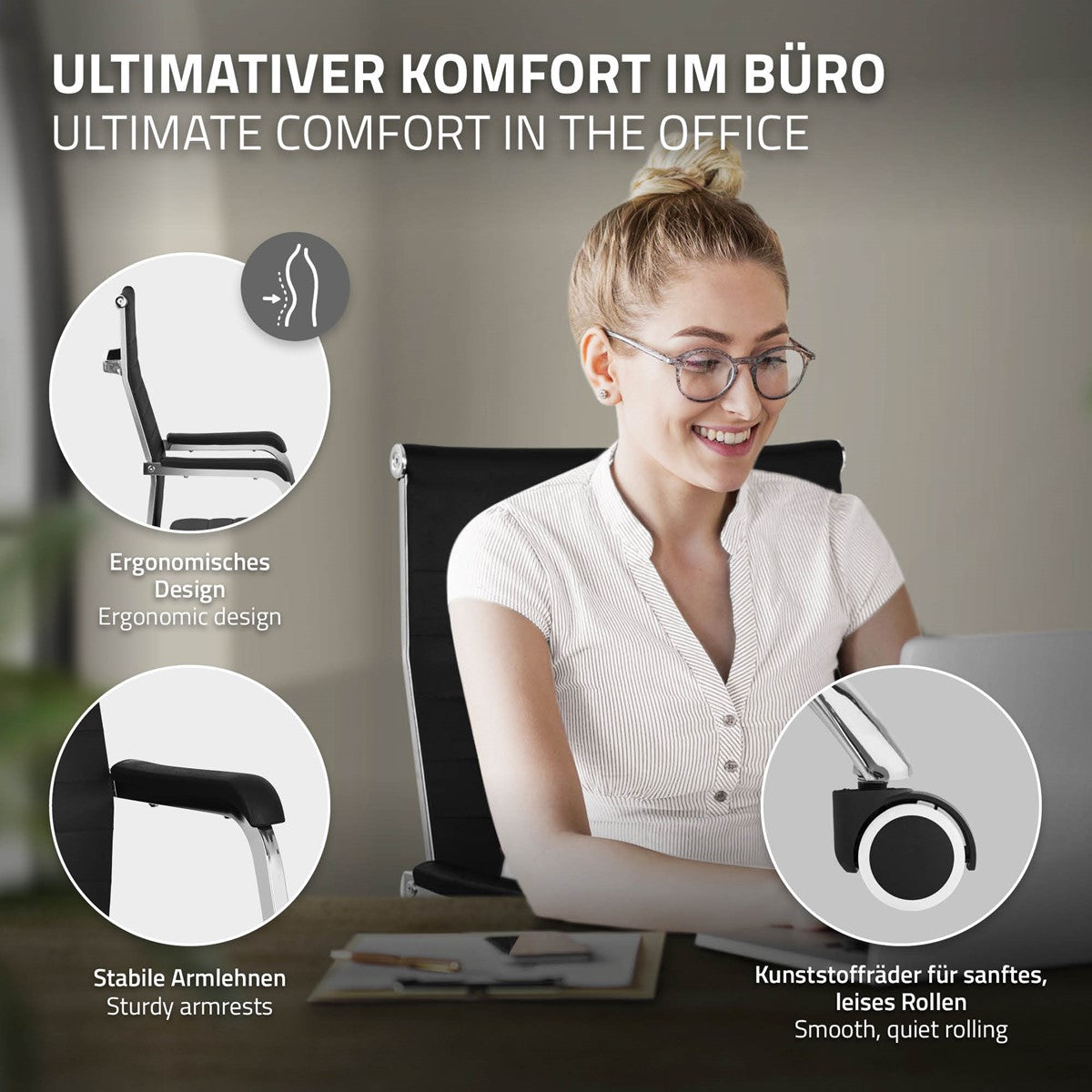 Uma mulher de óculos está sentada a uma secretária e usa uma cadeira de escritório ergonómica.