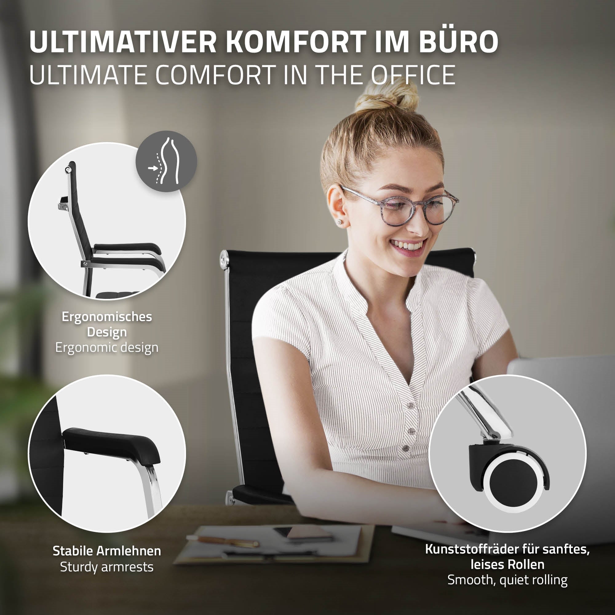 Eine Frau mit Brille sitzt an einem Schreibtisch und nutzt einen ergonomischen Bürostuhl.
