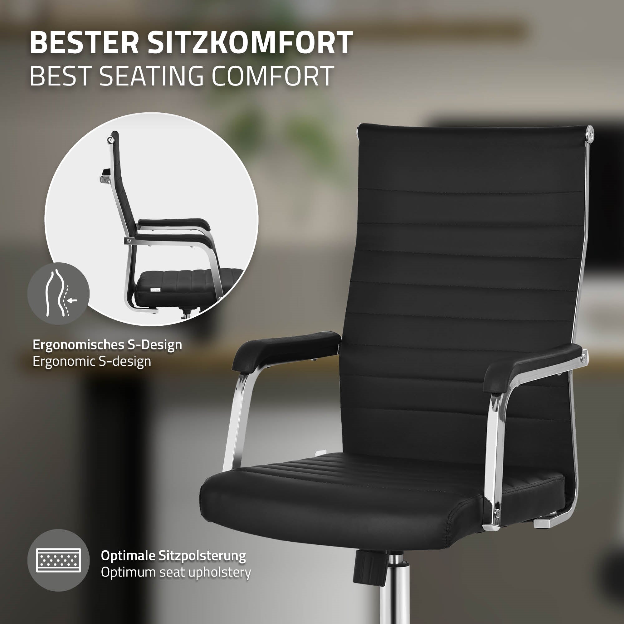 Bürostuhl mit ergonomischem Design, schwarzer Polsterung und Armlehnen.