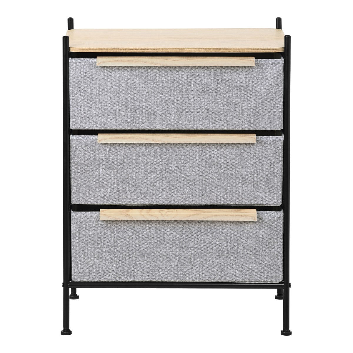 Commode avec trois tiroirs gris, vue de face, sur fond blanc.