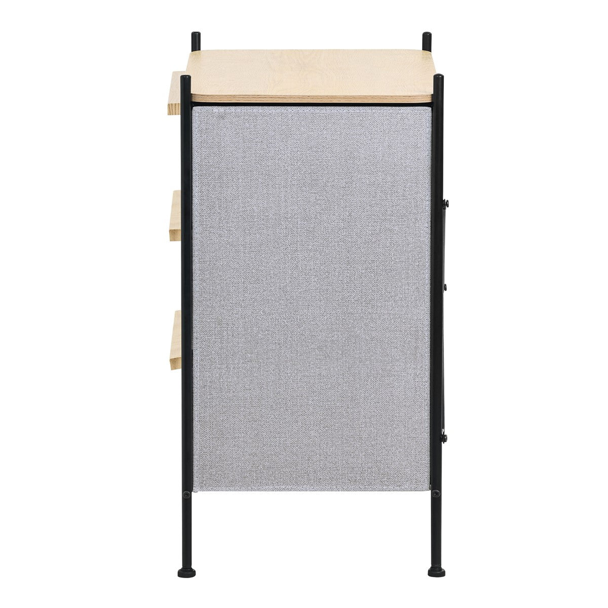 Vue latérale d’une étagère avec trois tiroirs et un insert en tissu gris.