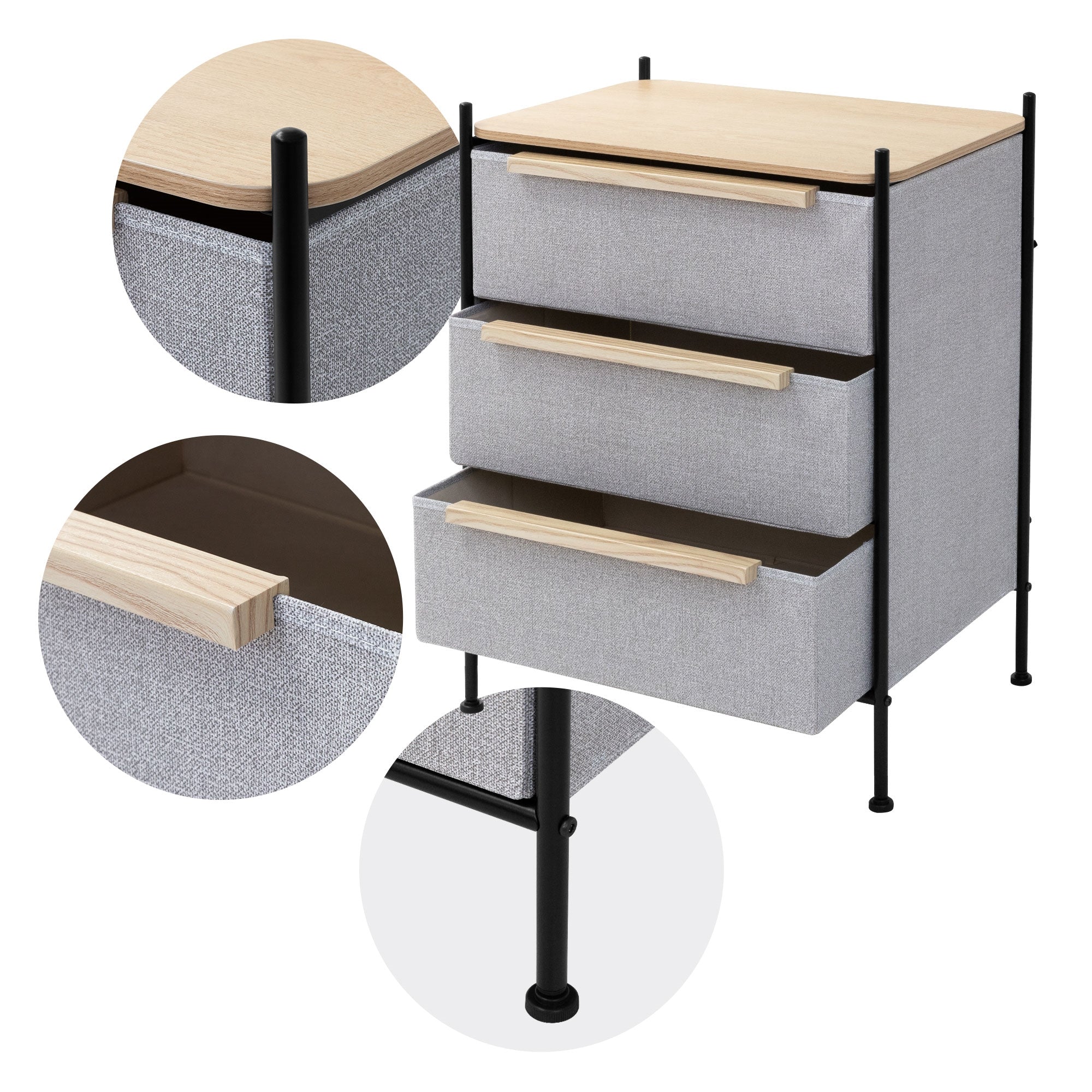 Close-up view of a gray cabinet with three drawers and a wooden surface.