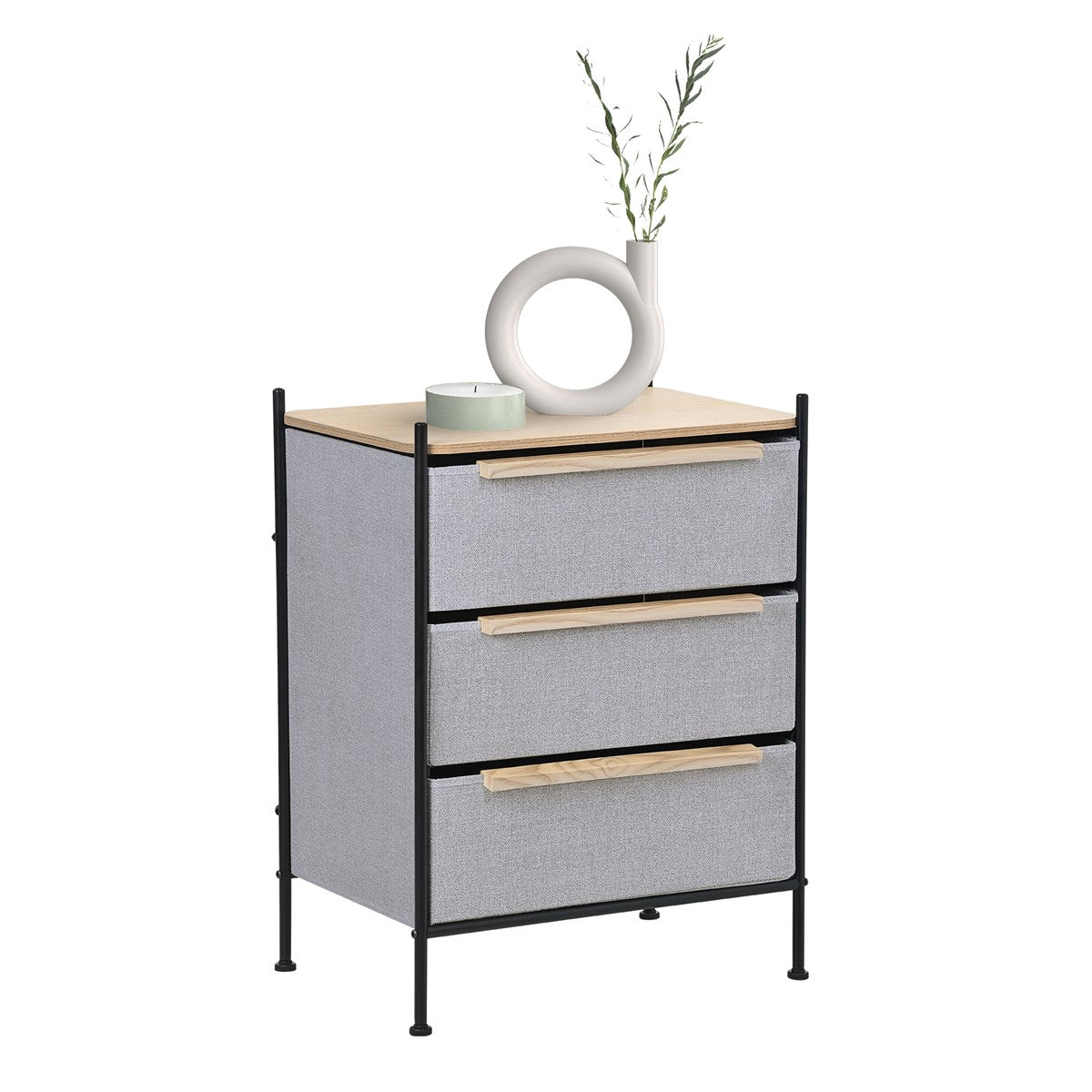 A gray bedside table with three drawers and a round vase on top.