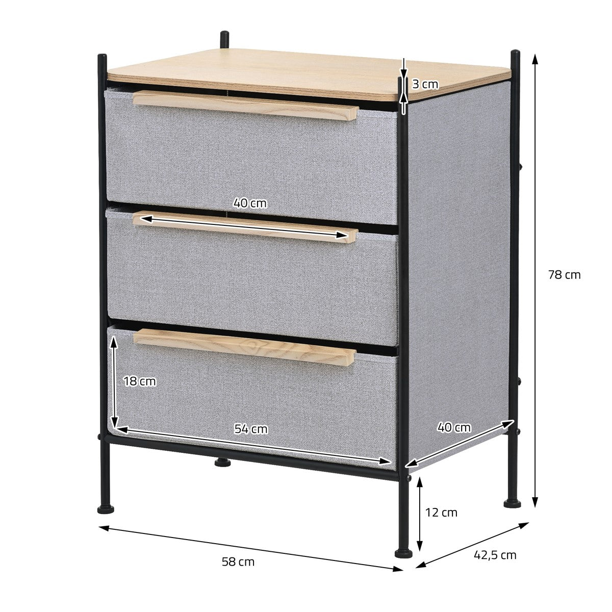 Commode à trois tiroirs, dimensions et détails représentés.