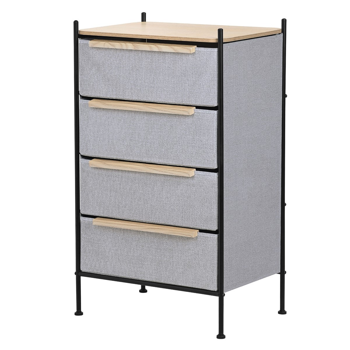 A chest of drawers with four drawers in gray with a wood top.