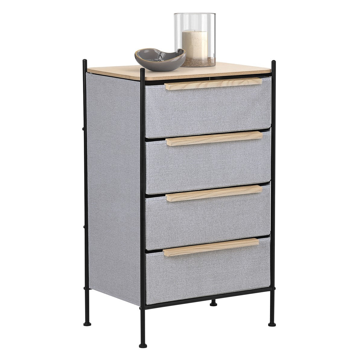Grey drawer cabinet with a wood surface and decorations.