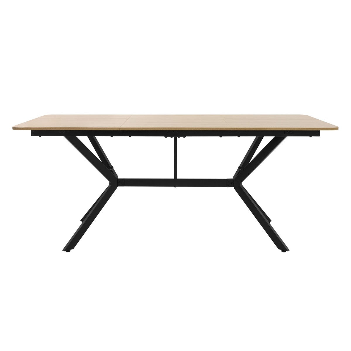 Obdélníkový stůl s dřevěnou deskou a černou konstrukcí.