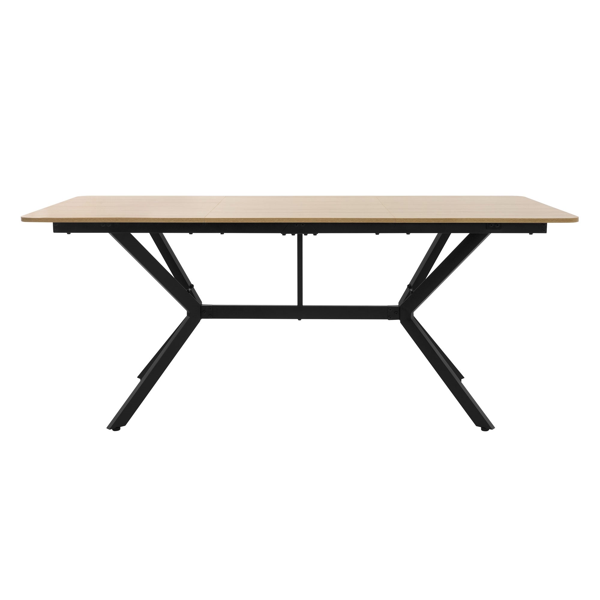 Ein rechteckiger Tisch mit Holzplatte und schwarzem Gestell.