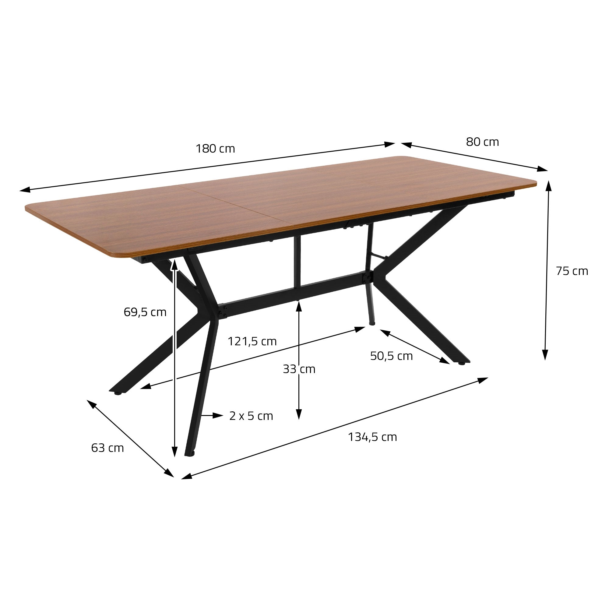Spisebord med mål, lavet af træ og metal, foldbart.