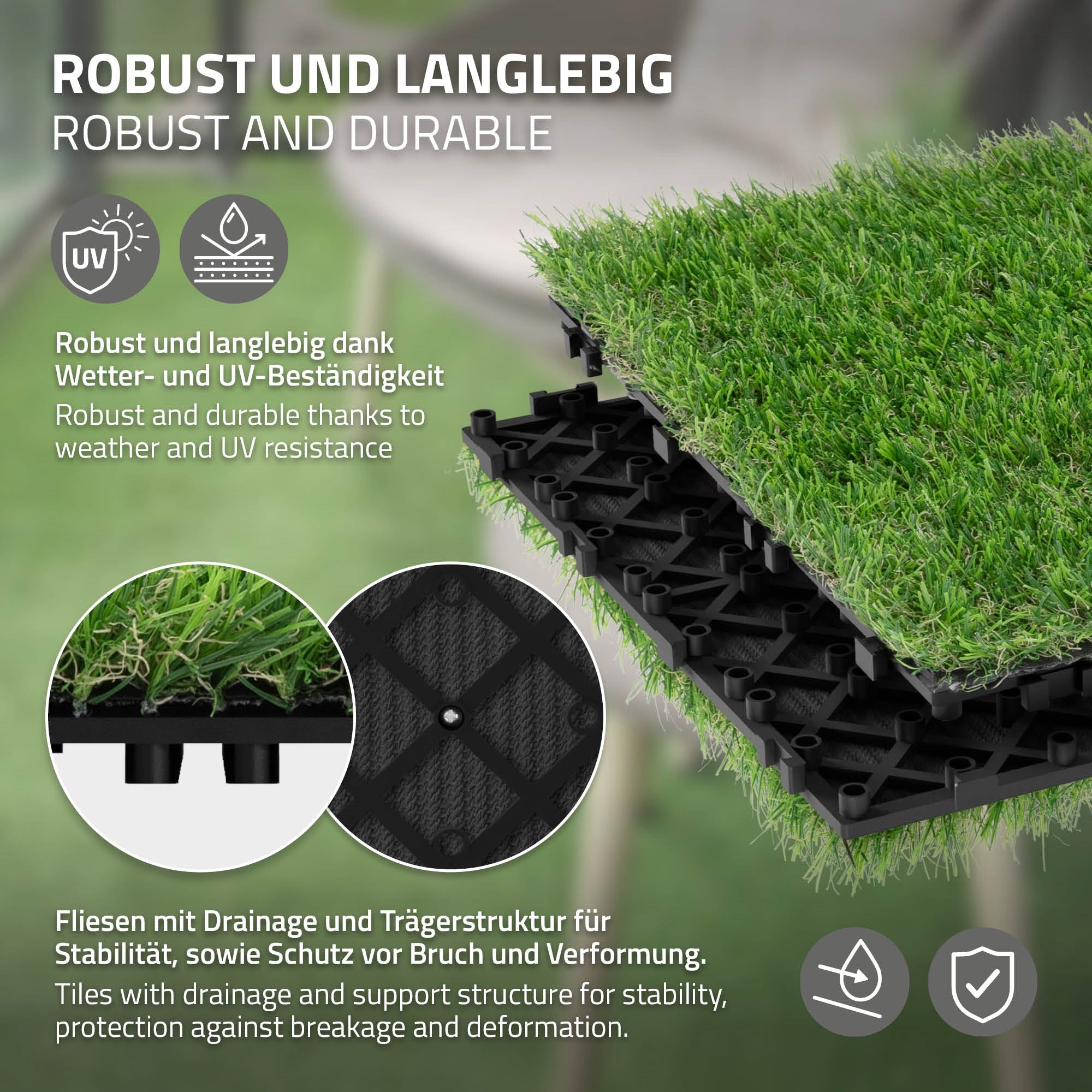 Robuste Fliesen mit Drainage und Trägerstruktur für Stabilität und Schutz.