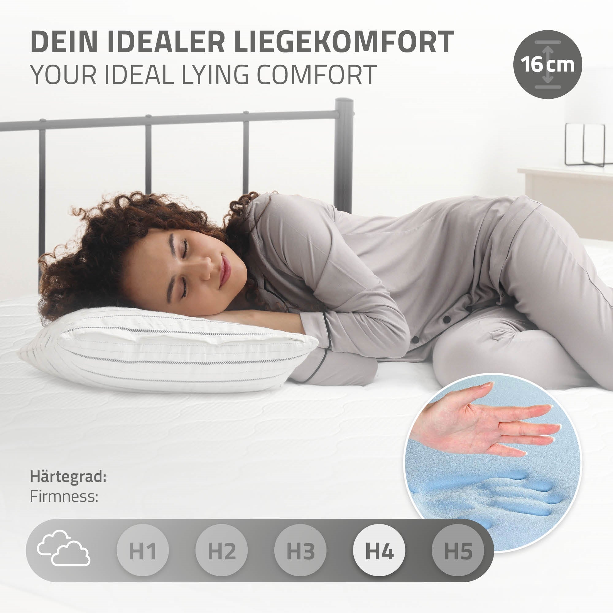 Egy nő egy matracon fekszik, mutatva a fekvőkomfortot és a keménységi fokot.