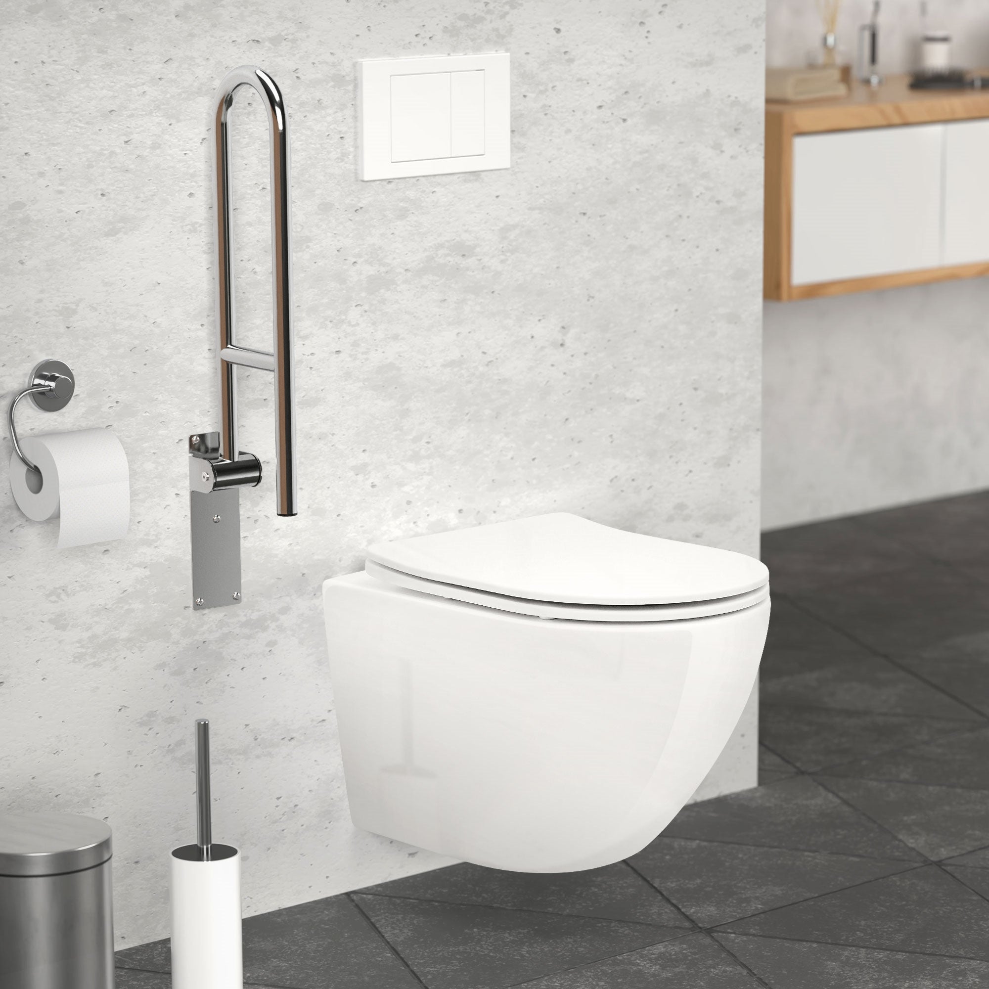 Weiße Wandtoilette mit Haltegriff in modernem Badezimmer.