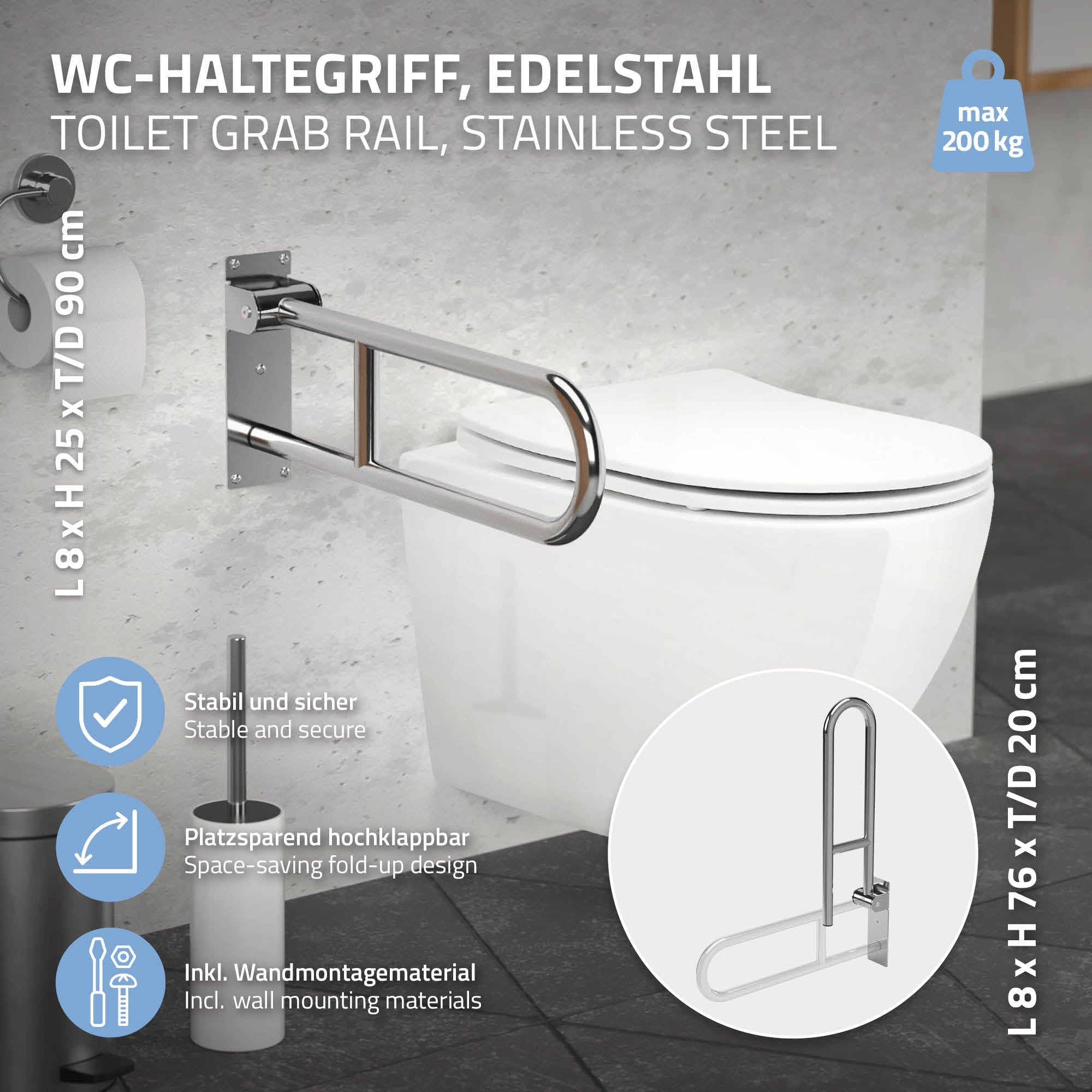 Edelstahl-WC-Haltegriff an einer Wand montiert.