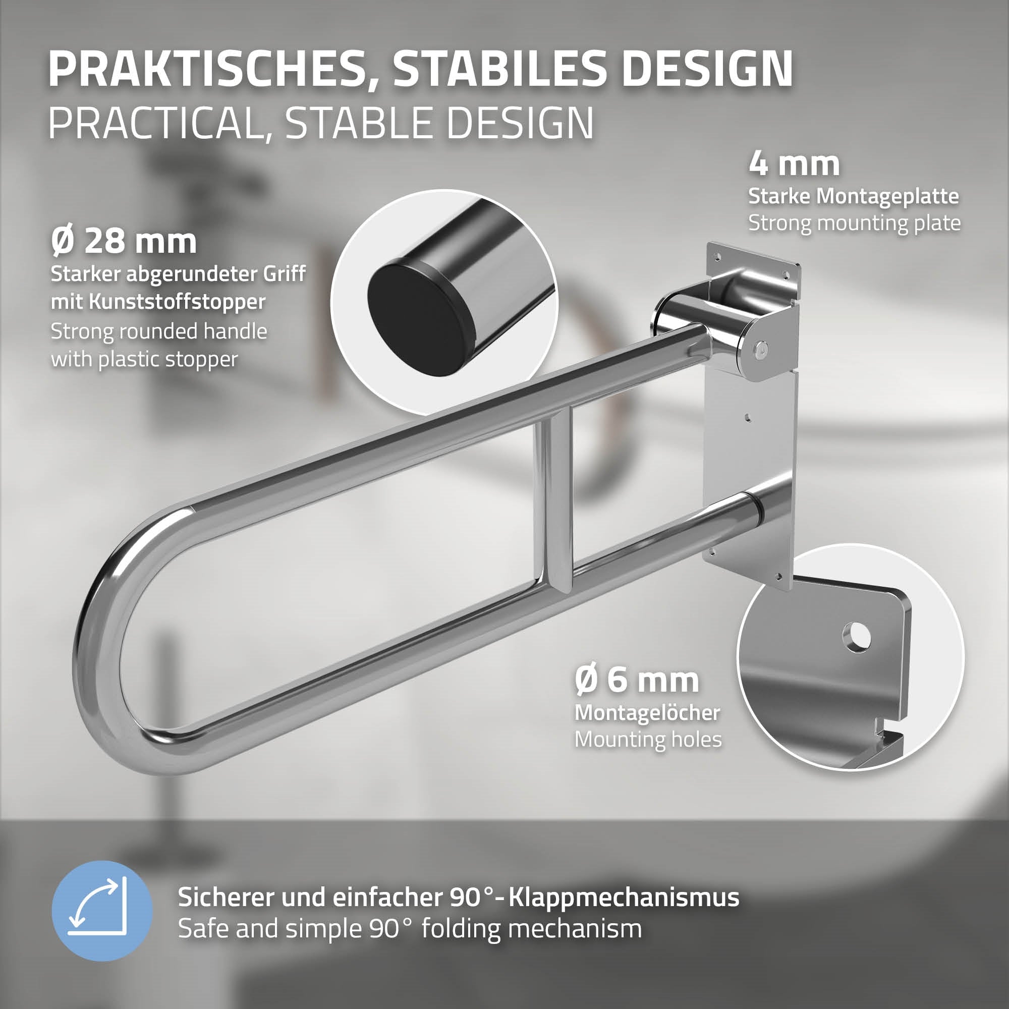 Stabiler Haltegriff und Montageplatte aus Metall.