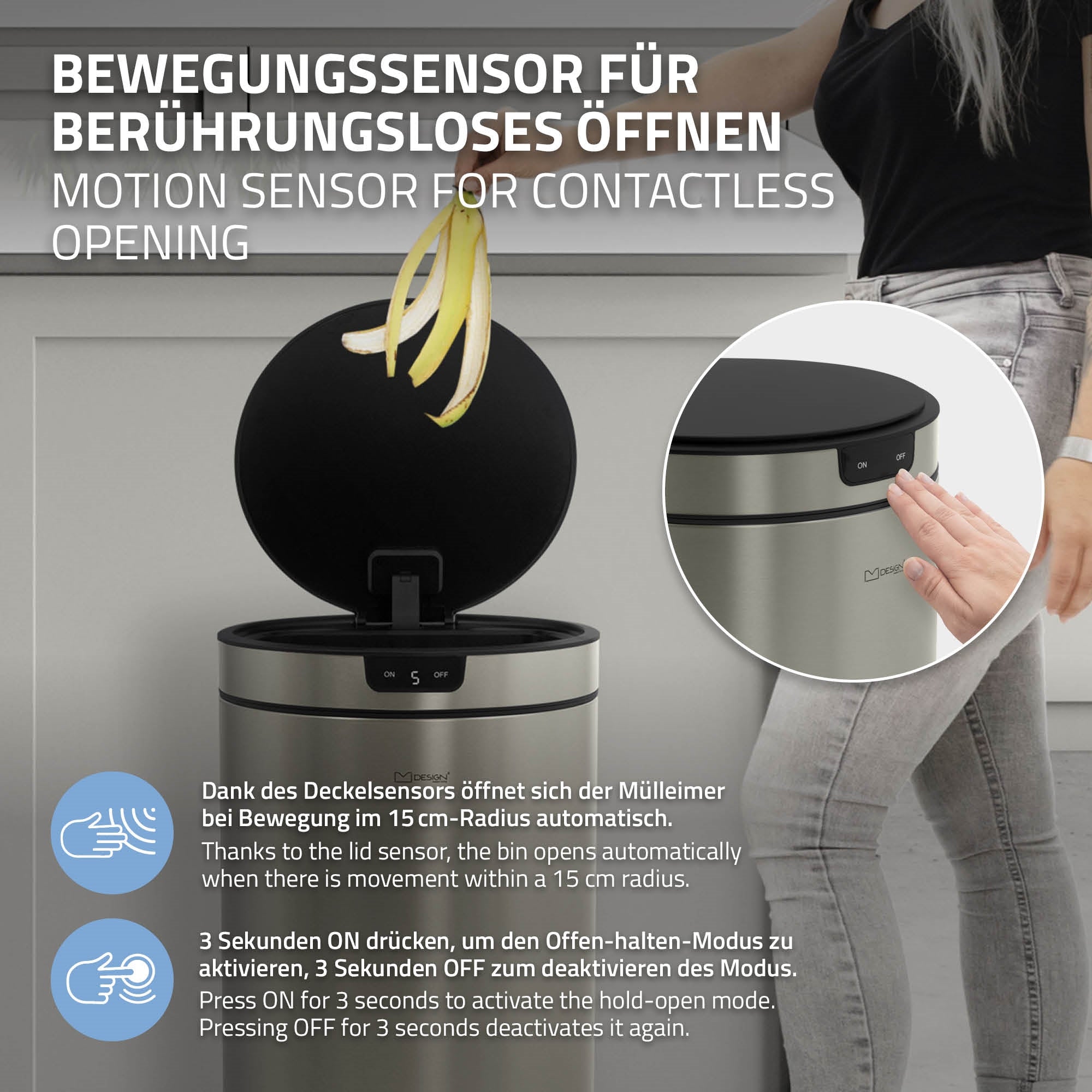 Mülleimer mit Bewegungssensor für berührungsloses Öffnen.