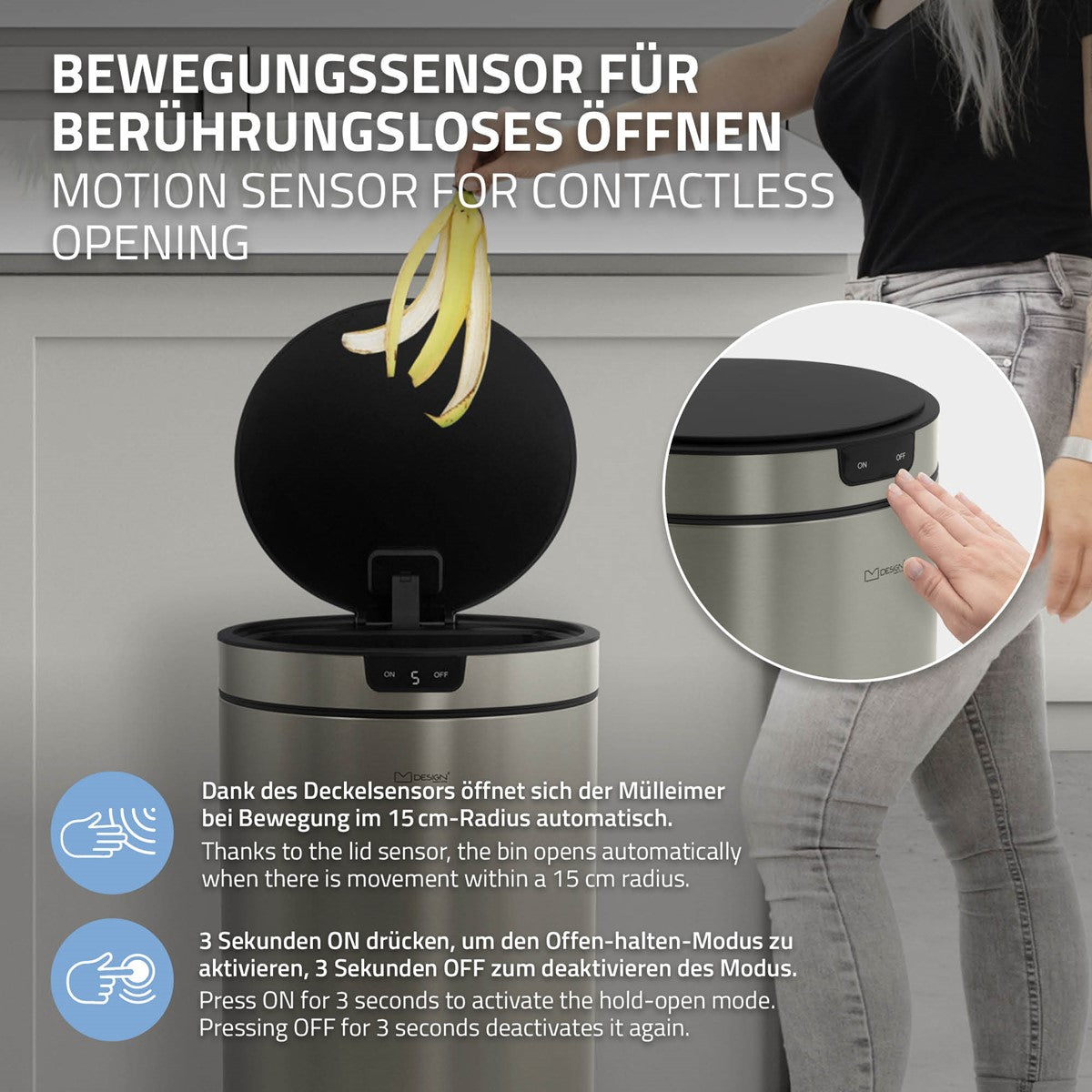 Mülleimer mit Bewegungssensor für berührungsloses Öffnen.