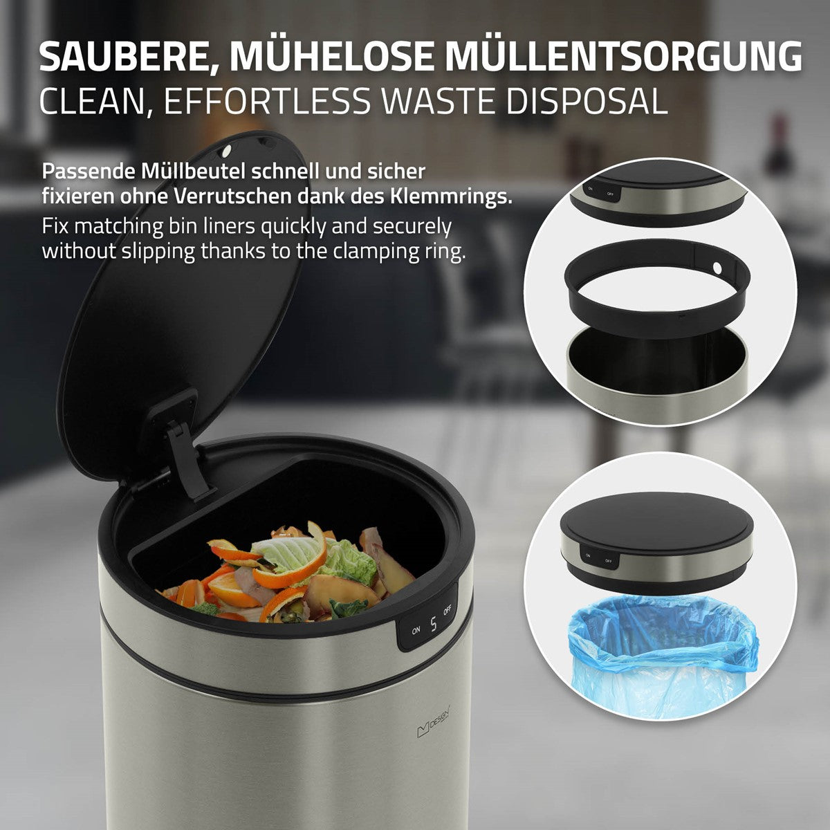 Mülltonne mit offenem Deckel, gefüllt mit Gemüseabfällen und blauen Müllbeutel.