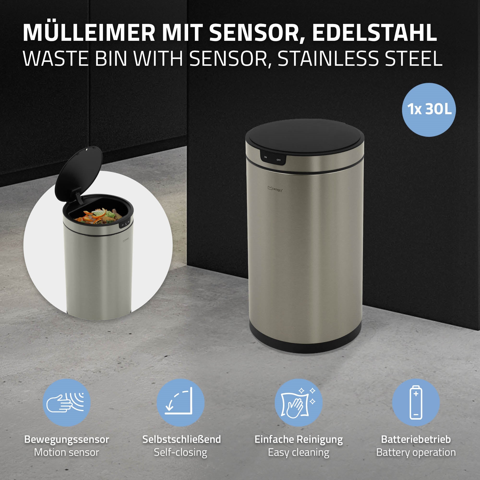 Mülleimer mit Sensor aus Edelstahl, 30 Liter, mit offenem Deckel.