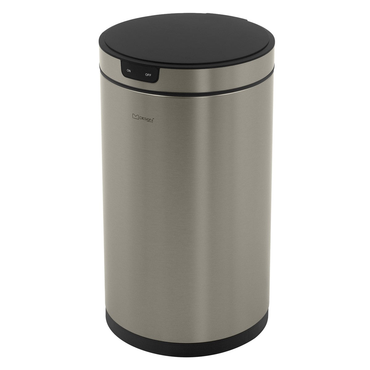Round stainless steel trash can with lid.