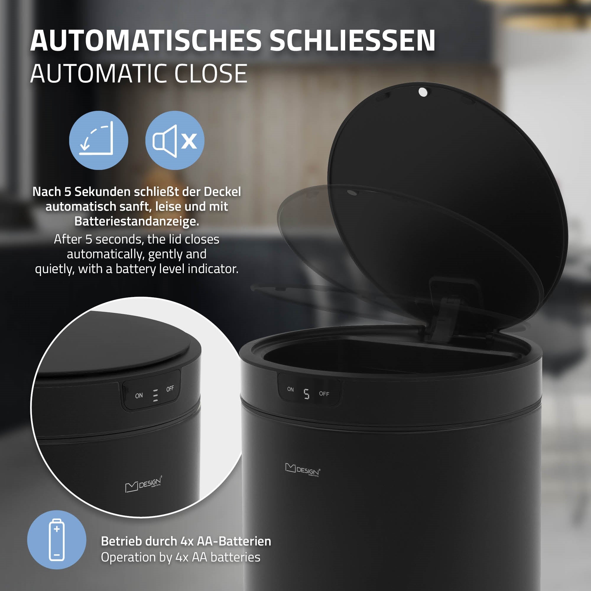 Contenitore per rifiuti con coperchio aperto che si chiude automaticamente.