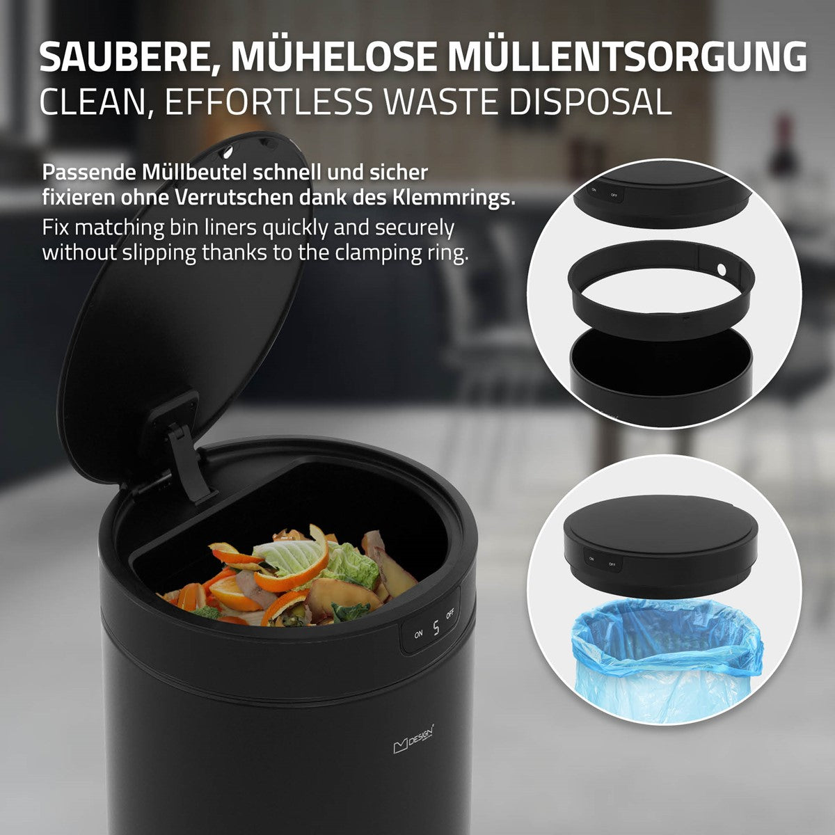 Skraldespand med åbent låg, synlig affaldspose, der ikke glider.