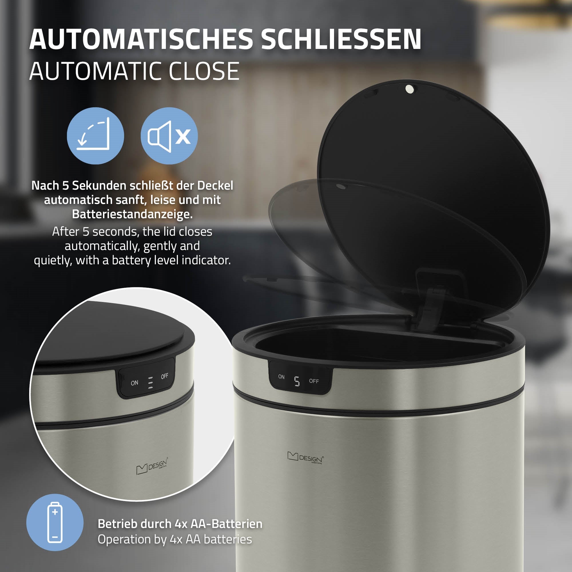 Cestino in acciaio inox con coperchio aperto, rifiuti vengono inseriti.