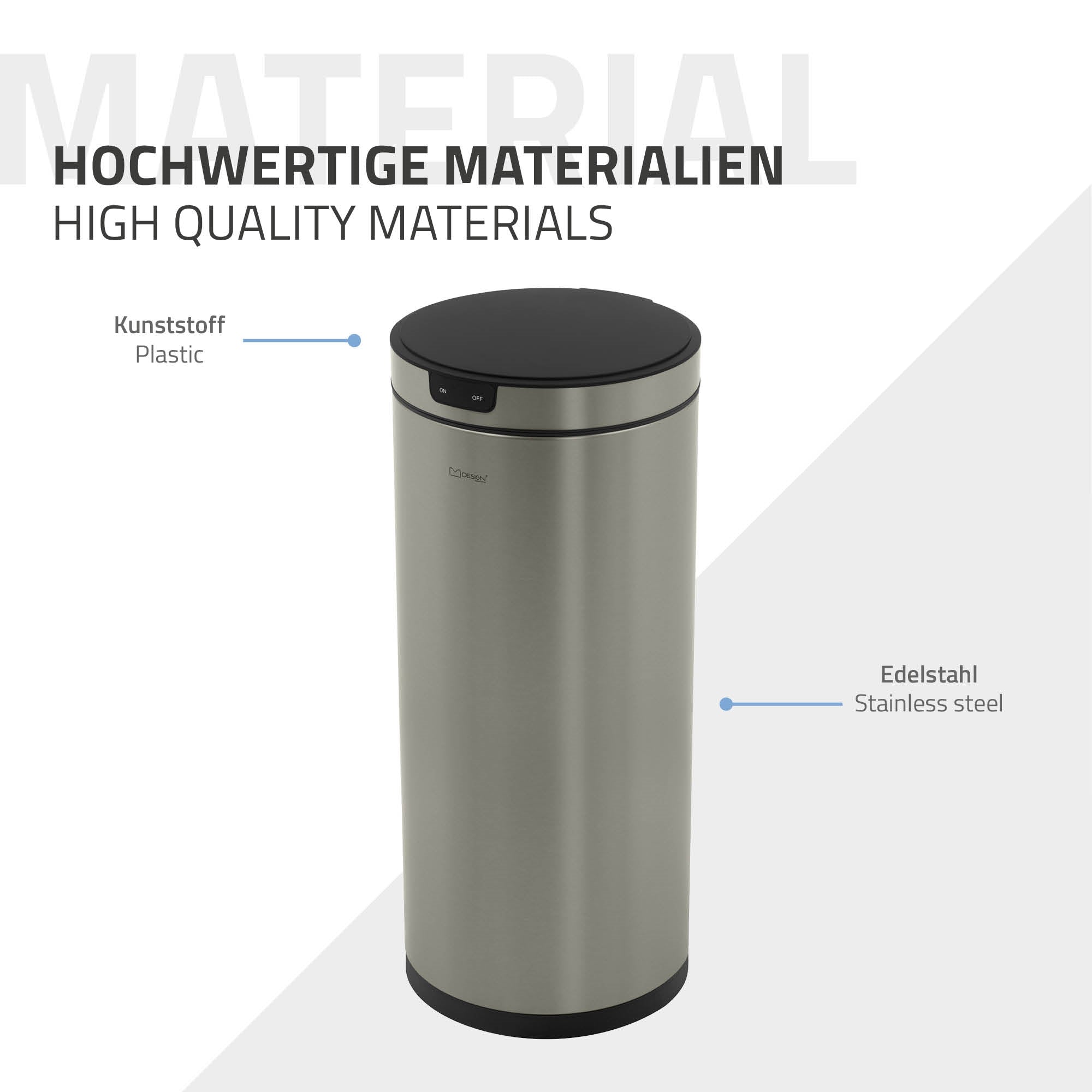 Cestino in acciaio inox con coperchio in plastica, su sfondo chiaro.