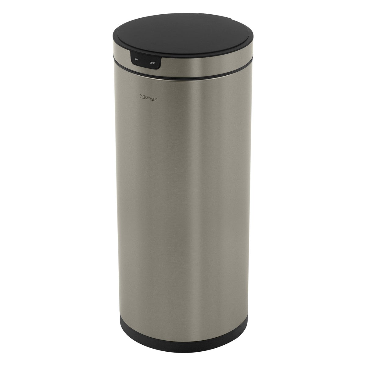 Trash bin with a stainless steel look, closed, with a round shape.