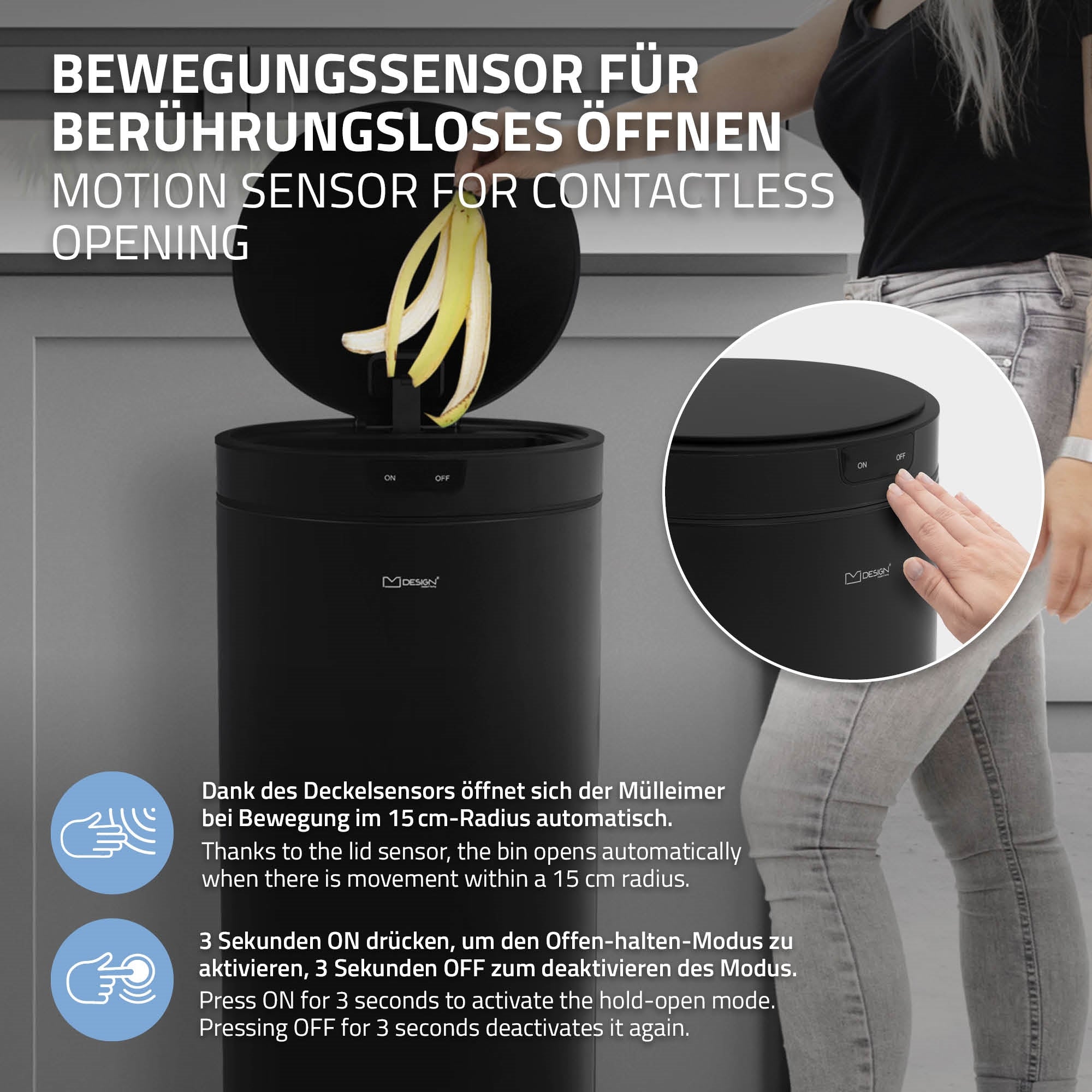 Schwarzer Mülleimer mit Bewegungssensor, der sich automatisch öffnet.