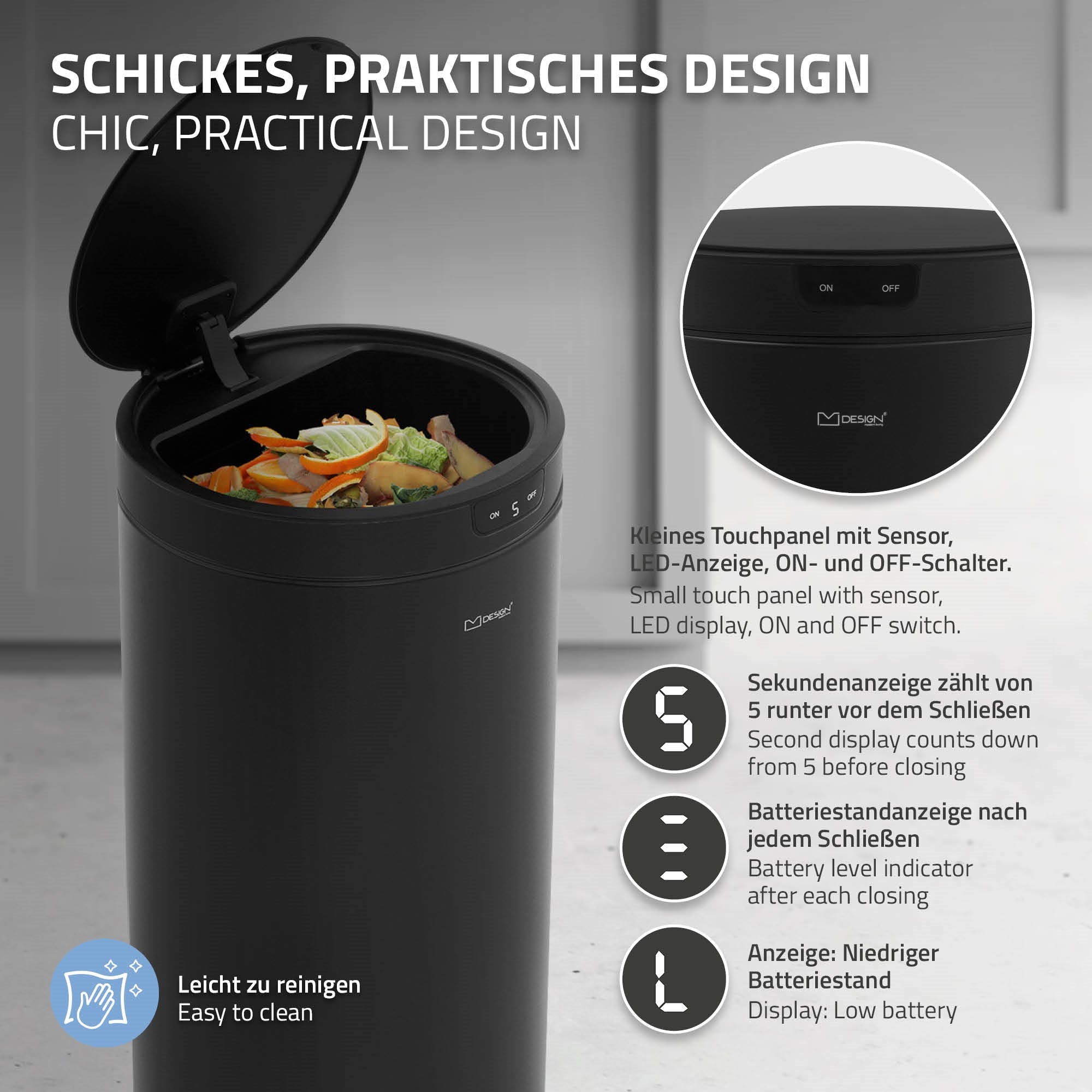 Schwarzer Mülleimer mit Sensor und LED-Anzeige, geöffnet mit Abfall darin.