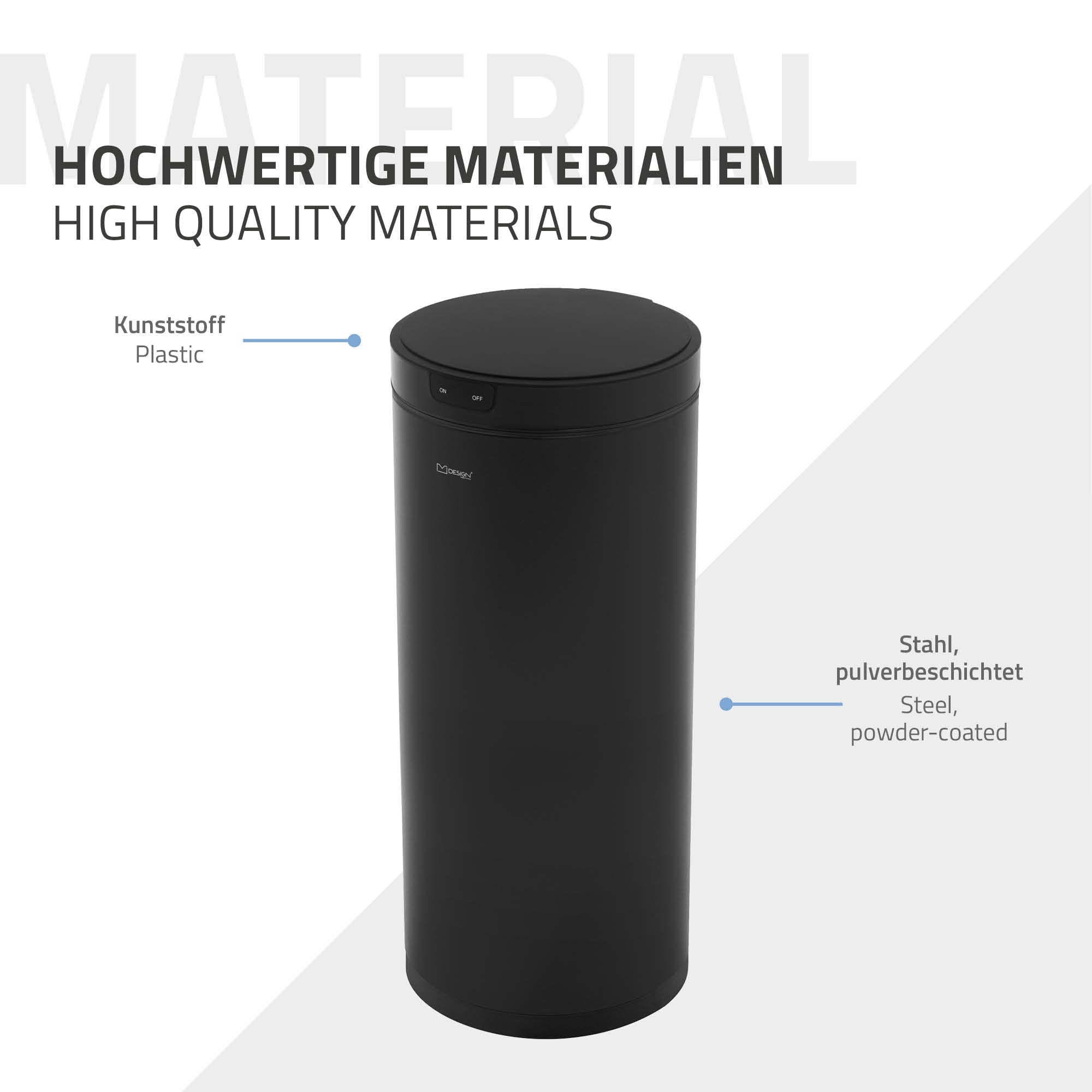 Schwarzer Mülleimer aus Stahl mit Softclose-Funktion.