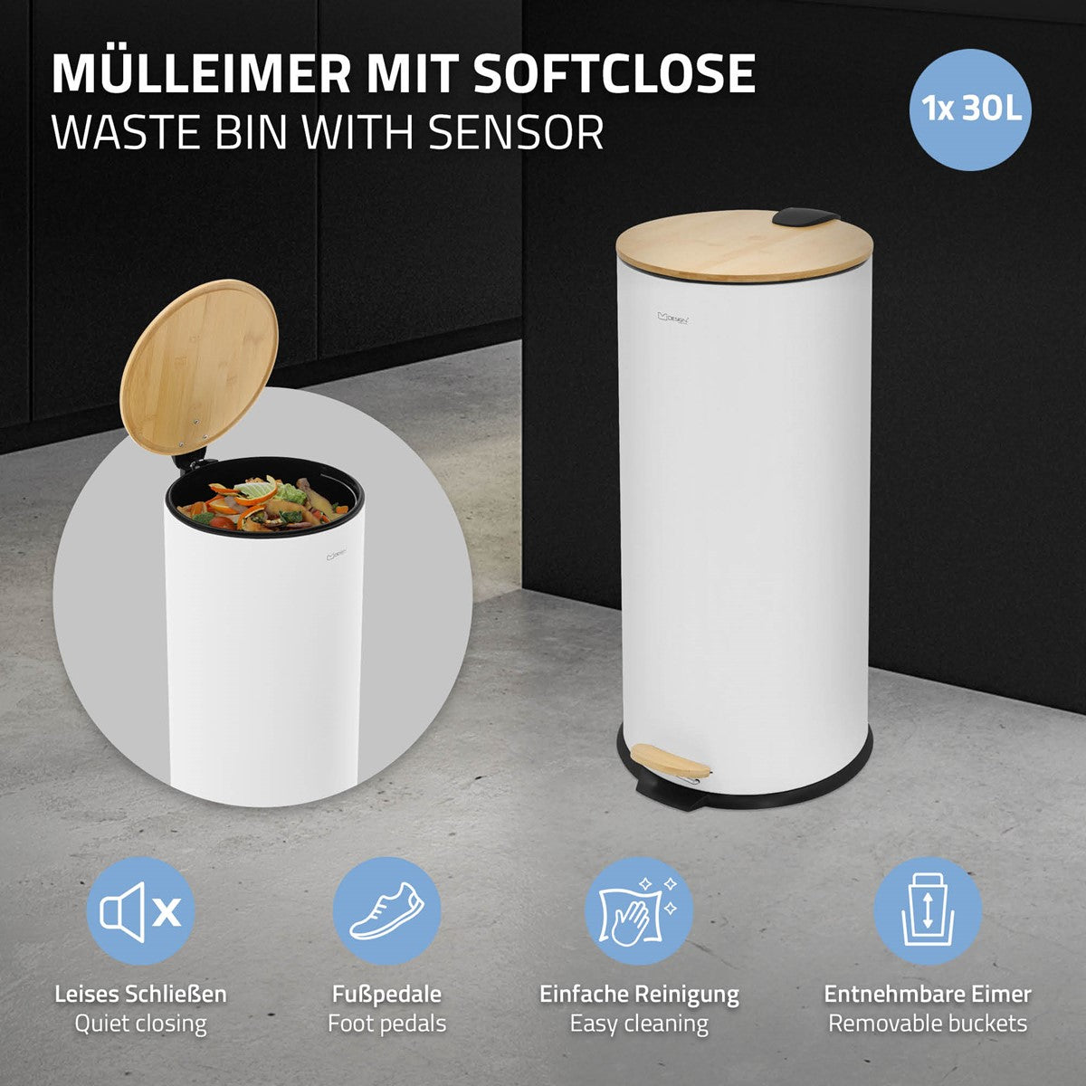 Cubo de basura blanco con sensor y tapa de madera en una cocina moderna.