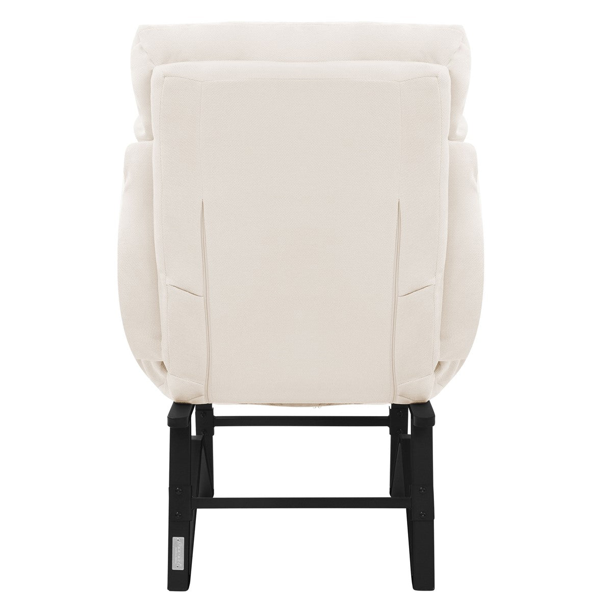 Achteraanzicht van een beige fauteuil met een zwart frame.