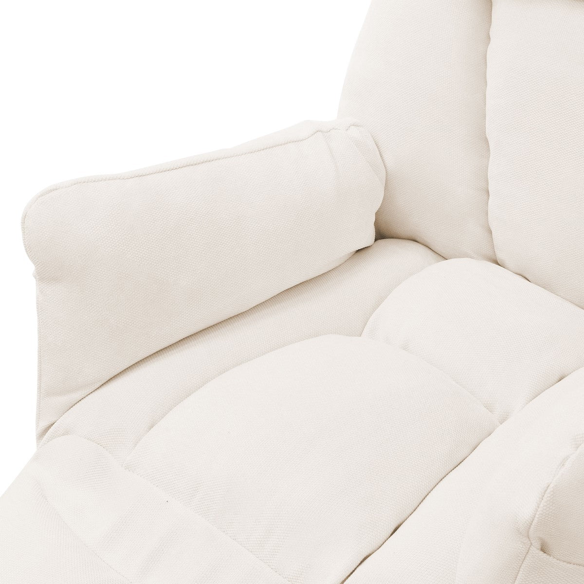 Close-up van de armleuning van een beige fauteuil.