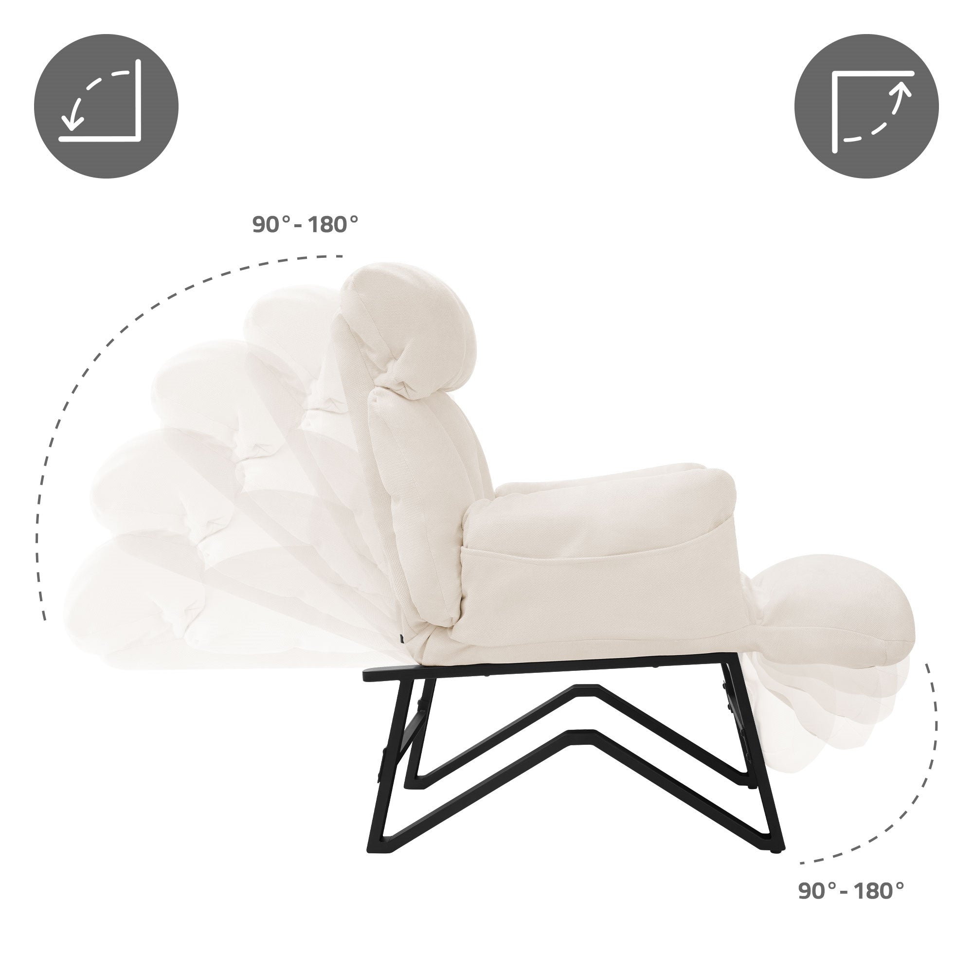Beige armchair that can tilt into different positions, with a black frame.
