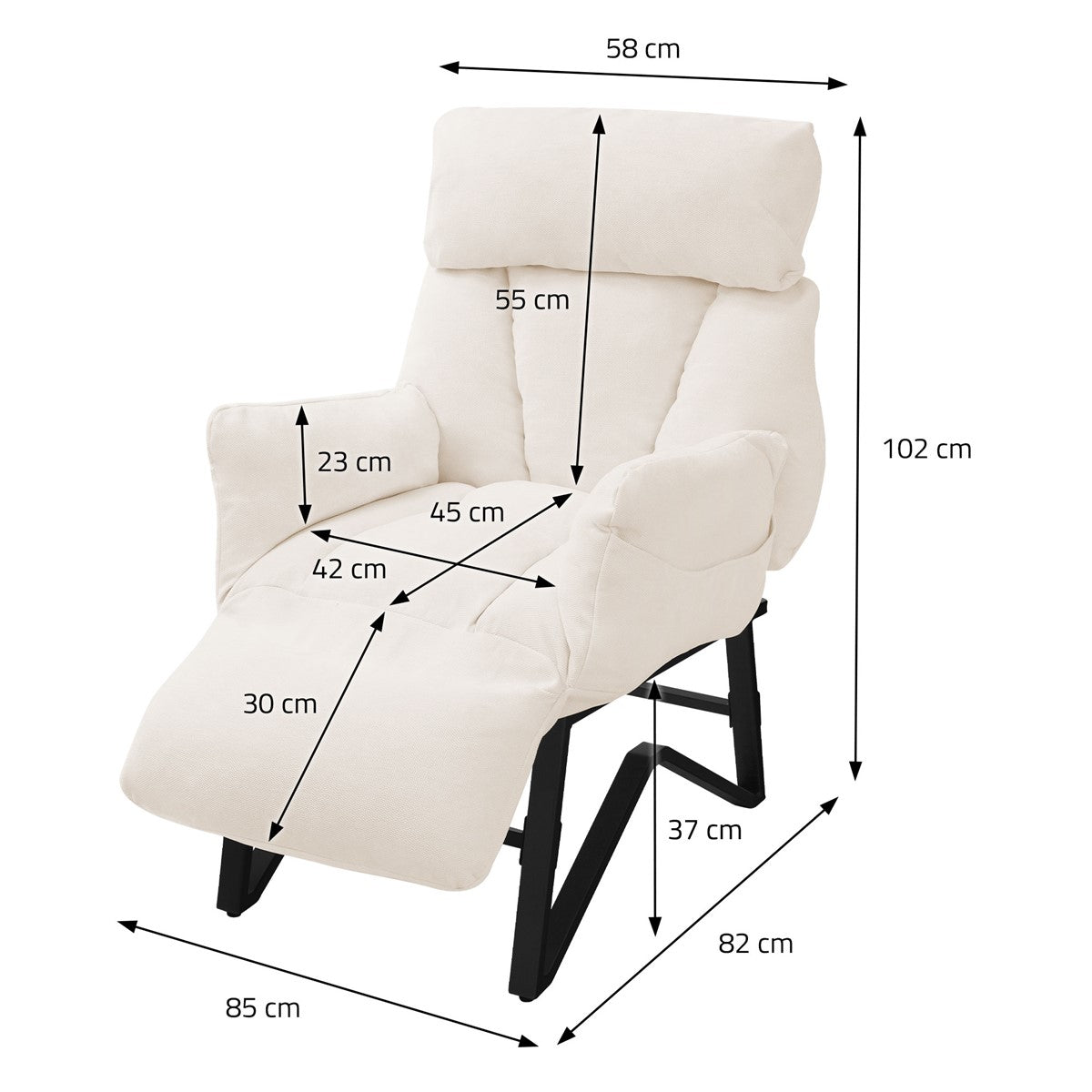 Witte fauteuil met afmetingen in centimeters.