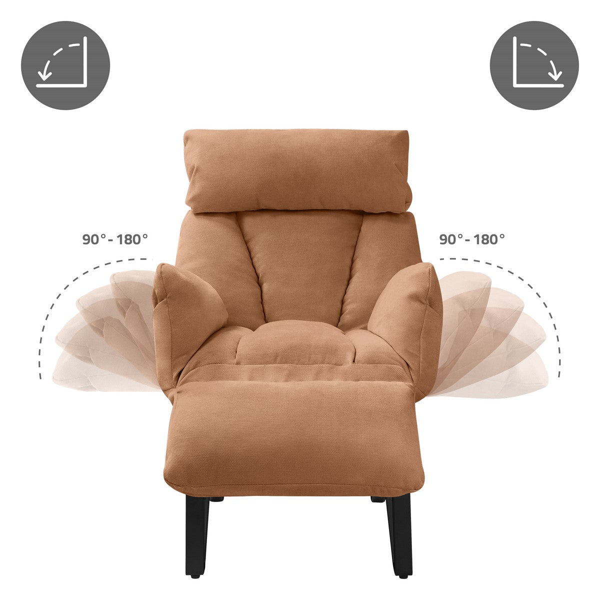 Bruine relaxfauteuil met verstelbare armleuningen en rugleuning.