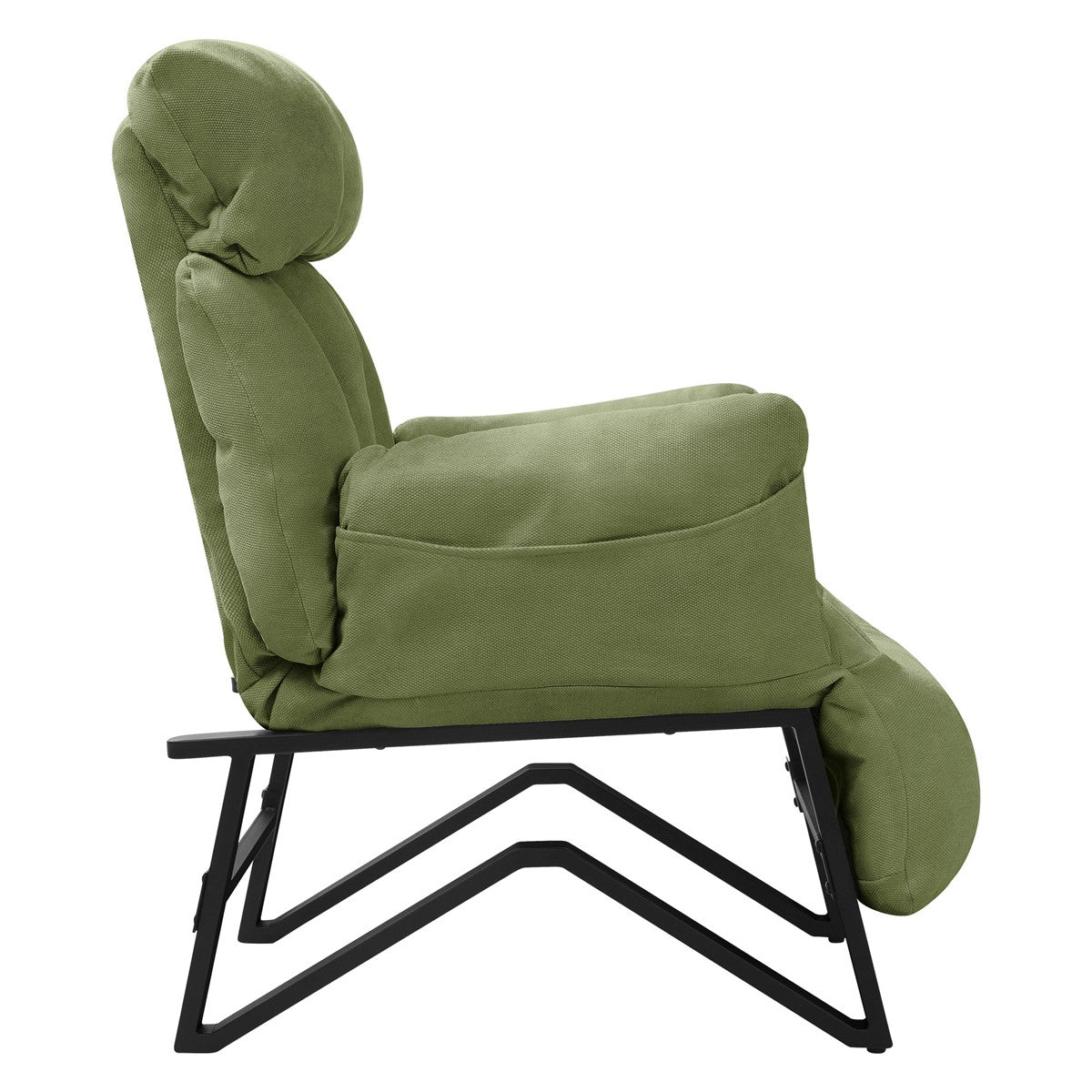 Vue de côté d’un fauteuil vert avec un rembourrage moelleux.