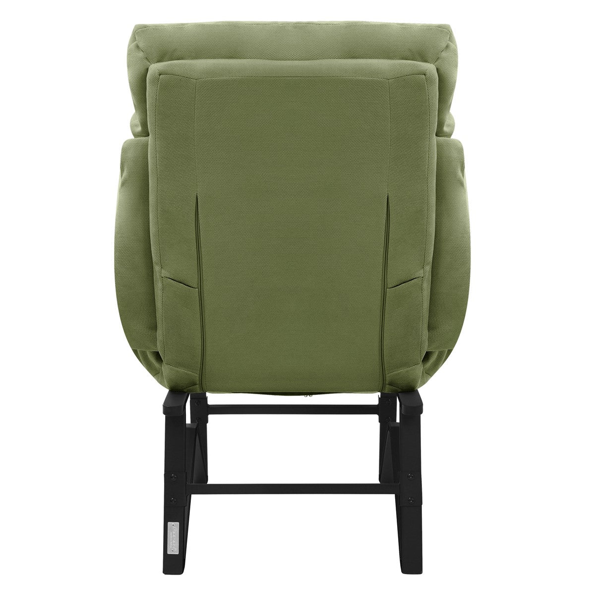 Vue arrière d’un fauteuil vert avec une structure noire.