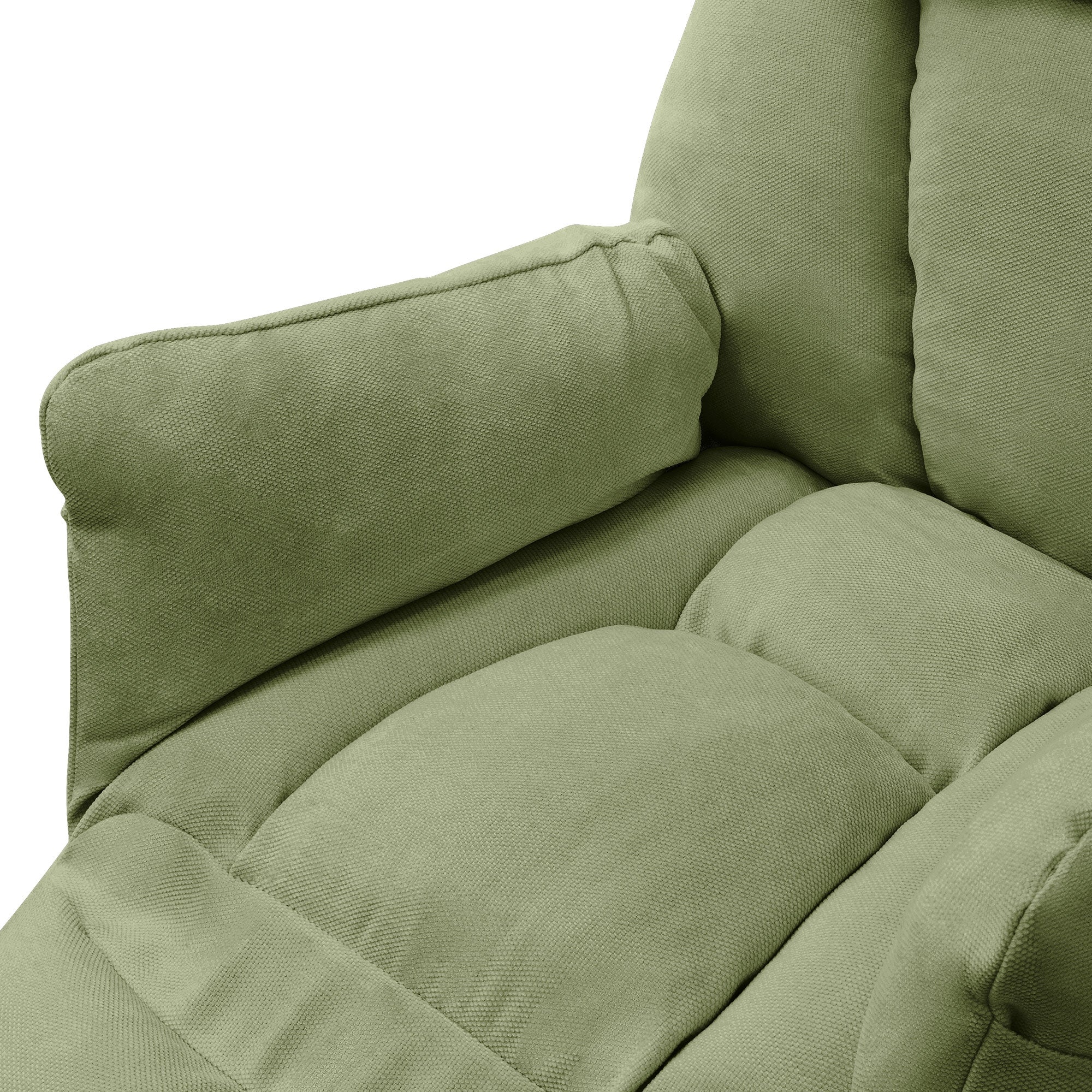 Nahaufnahme eines grünen Sofas mit Armlehne.