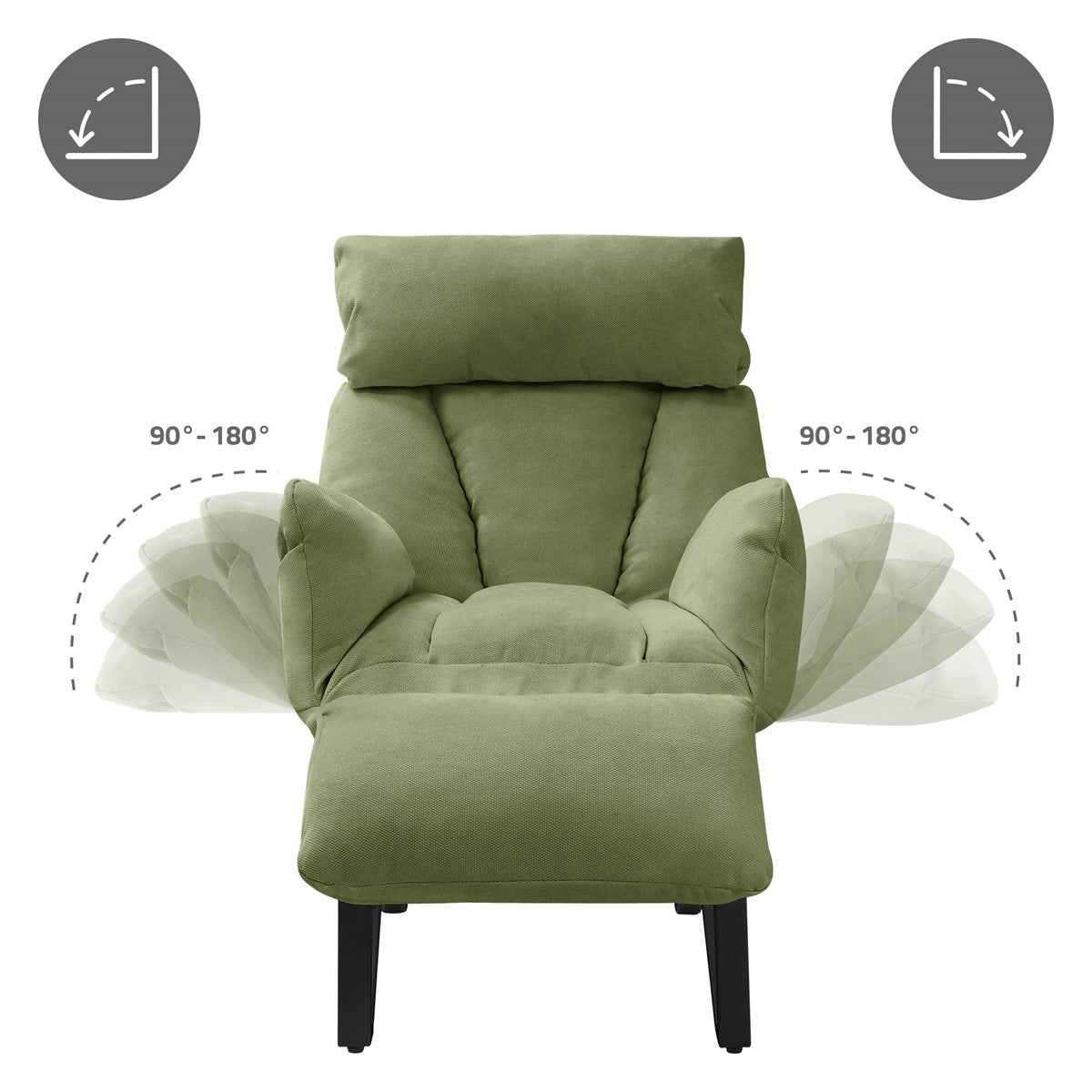 Fauteuil relax vert avec accoudoirs et dossier réglables.