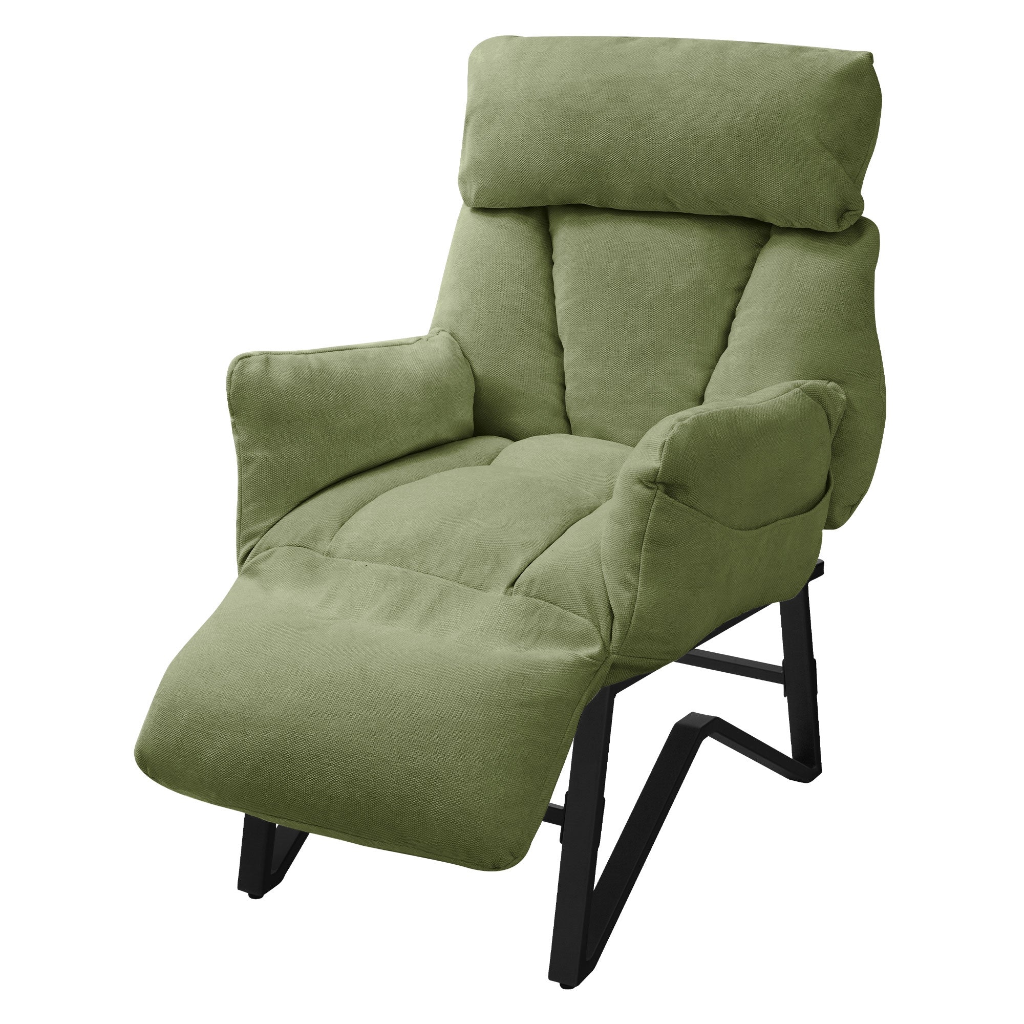 Grüner Sessel mit Kopfstütze und Armlehnen, gepolstert und mit Fußstütze.